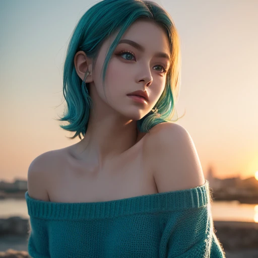 best quality, masterpiece, Ultra-high resolution, (realism: 1.4), original photo, 1 Girl, Green Eyes, Off-shoulder, light, Blue Hair, Sunset