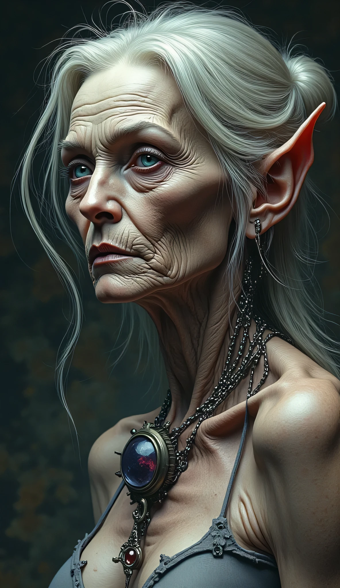 High-definition double exposure picture, Drawing, 3D Magic poster , beautiful professional postcard, Photo , picture, close-up luminism, ultra-detailed Murano glass, mechanical cybernetic steampunk , elderly grandmother, ugly figure , Aged appearance, wrinkled skin, emaciated physique, muscle structure visible under skin. deep wrinkles and folds highlight aged skin, rough texture , a balloon-like. upper human body, pale in flesh color. wrinkled , light pink breasts, sagging and protruding veins. The old face of a female elf: elderly, with tired blue eyes and slightly ominous with an expression, with a slight grin . She has incredibly long, wavy hair, , messy bun. Her hair is dyed in bright shades, like hot pink, blue or purple , which reflects her playful, but mysterious character. из National Geographic, beautiful, gorgeous, Swarovski crystals, LEDs, complex play of light and shadow , {{x}} , Kuindzhi, Rockwell , expressive mixed masterpiece , transparency , complex lighting, dynamic play of shadows, high depth , cinematic hyperrealistic texture, sharp focus, Perfect body, blurred background, massive body , elongated perfect anatomical shape, filigree face, arm detail .