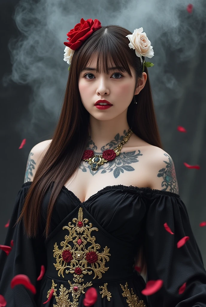 Steampunk girl at the party,(White cut top:1.2),D胸,Black and blue leather,Tattooed with,super-fine,ultrasharp,Long red shawl hair,2k,(The is very detailed:1.5),fully body photo, 5 megapixels,Canon EOS R3,Delicate skin,paleskin