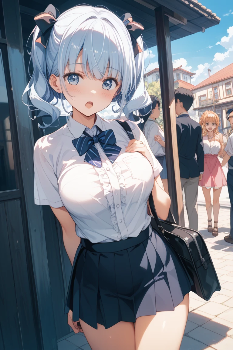Rem of Rezero、blue hair、short hair、table top、High resolution、lots of girls、Multiple Girls、large crowd、lots of cute girls、big and full breasts、naughty body、underwear only、see-through、pink lingerie、throw、、whole body、standing、Looking up at me、confused face、blush、black pantyhose、The shape of a woman's private parts is clearly visible、nipples are visible、white shirt、navy checkered skirt、micro mini skirt、very short skirt、department store、The shops、a lot of people、in the crowd、Naked breasts、show your chest、from below