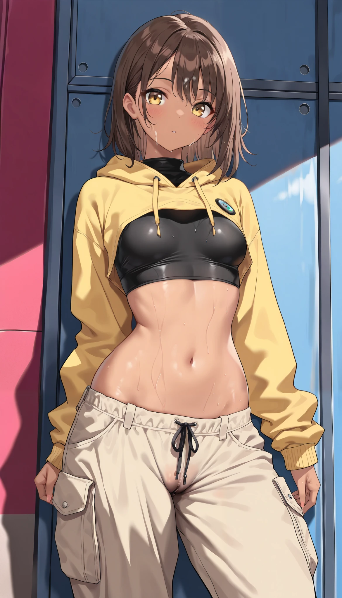 (((( masterpiece)))), (((( best quality)))), high resolution,fine grain, detailed face, Facial depiction of, detail eyes 、detailed face、The hair is drawn in detail 、,Short brown hair to the shoulders, lightly tanned skin , Loose Very Low Waist Brown Long Cargo Pants, Fitted Black Undershirt, Yellow Crop Top Hoodie, Standing, very small breasts , thighs are thick, curvy body from wet pussy, yellow eyes, upper body shot ,