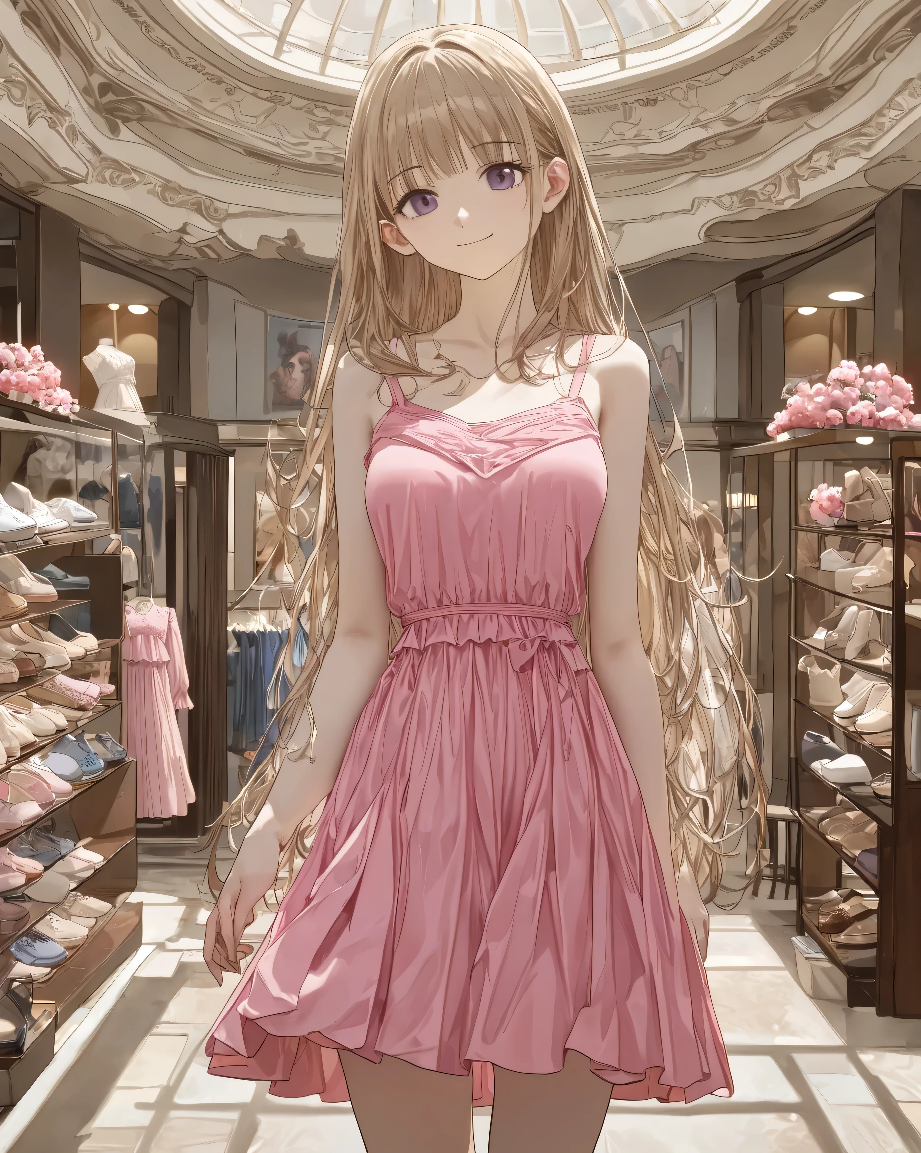 ((calm atmosphere:1.3))、luxury boutiques、(((woody like:1.3)))、((Inside the fashion building:1.3))、Super luxury stores、antique brand stores、masterpiece, anatomically correct, accurate, has won many awards, highest quality, Details, High details, (((pink spring dress)))、(masterpiece, top quality, very beautiful、complicated、4K、 illustration ),(cowboy shot)、(Smile lightly),(cute)、(Attractive)、(Ethereal and beautiful),(head tilt),( slim),precise details, girl,alone,(晴れやかで穏やかなgirl)、beige long hair 、high resolution, quality, very detailed, ultra high definition, textured skin, , high definition model,