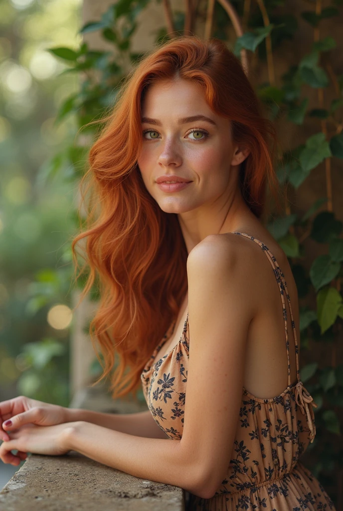 masterpiece、1. absolute realism、hyperrealistic photography、Light skin with Latin undertones、((Waist-up representation:1.5))、(ultra high resolution)、(8k)、(Extremely realistic details)、(Long hair, redhead, slightly wavy)、(Detailed hair texture)、calm and natural expression、light but genuine smile、large and expressive eyes、Green eyes with depth、Long and natural eyelashes、Warm natural garden lighting、Soft sunlight filtered through the leaves、Direct gaze into the camera with warmth、Toned and healthy body、slim and defined waist、Natural environment with green garden and vibrant flowers、Modern house in background、Relaxed and homely atmosphere、casual summer and relaxed clothing、((minimal neckline:0.1))、Fresh and natural look without excessive makeup、Realistic skin texture with pore details and natural highlights、Naturally hydrated lips、soft shadows created by sunlight、subtle latin features