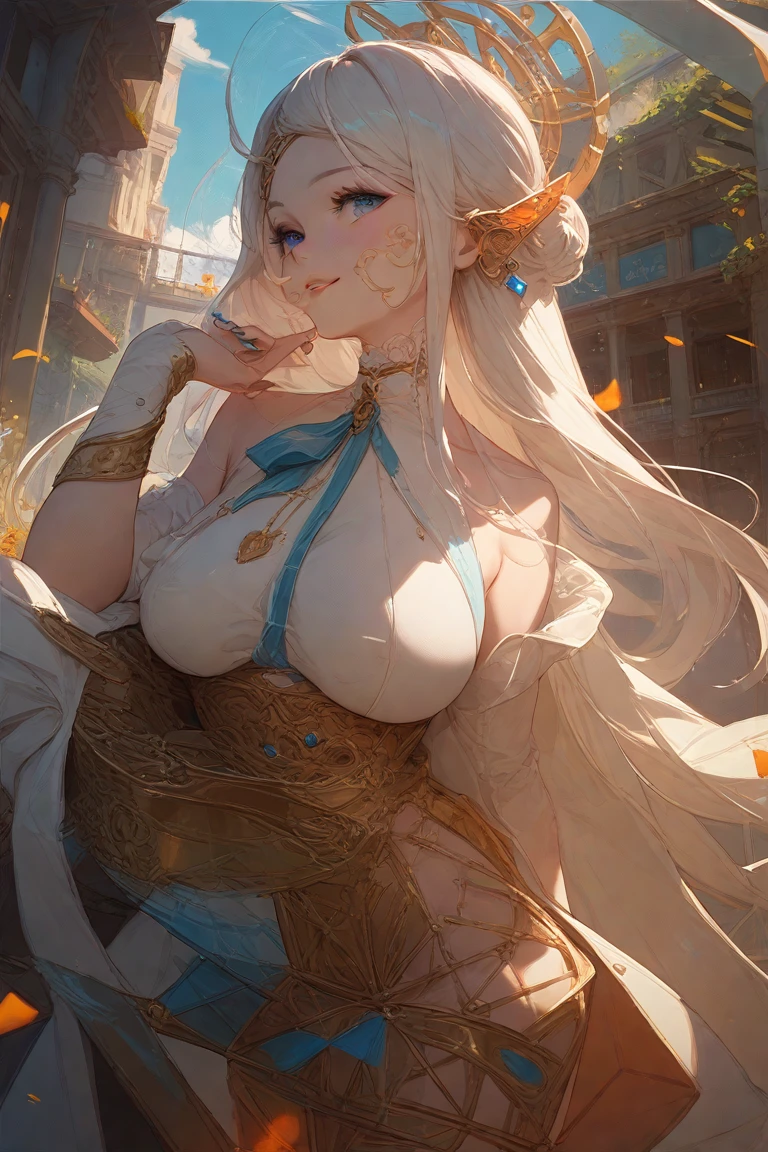 （best qualtiy）， （（tmasterpiece））， 1个Giant Breast Girl，（独奏），half-body portrait， Delicate face， looking at viewert， Firm eyes， exposed bare shoulders，Exquisitehands， Um ser celestial， light particules， The halo，the ocean， Full of energy， Colorful colors， （Bio-luminescence），（Detailed composition）， 电影灯光