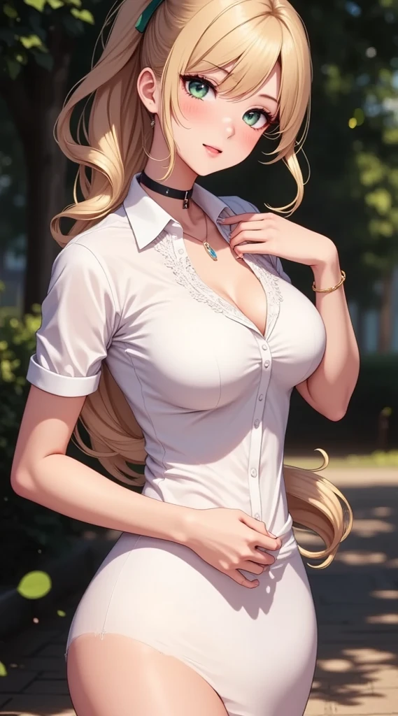 masterpiece, best quality, looking at viewer, oiled up, historia reiss, blonde hair, hourglass figure, white shirt, cleavage, black pencil skirt