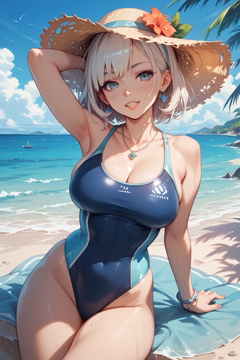 masterpiece、highest quality、High resolution、Two realistic girls、Competitive swimmer、Close-up of a person、Wearing a white bodysuit、During Competitive swimmerics competitions、smile、Swimming Venues、Sexy competitive swimsuit