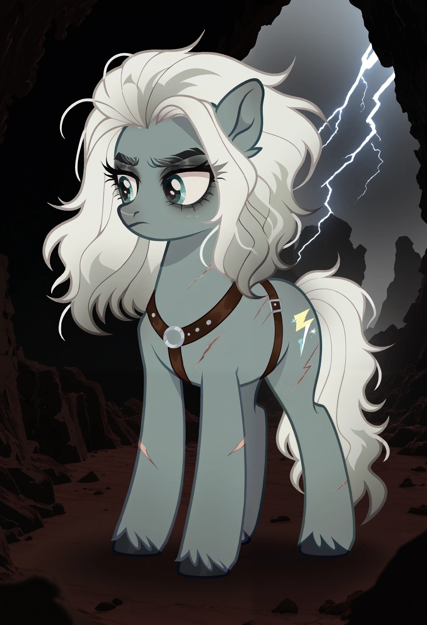 score_9, score_8_up, score_7_up, score_6_up, score_5_up, score_4_up, show accurate, full body, simple background, feral pony, female pony, intimidating appearance, original character, earth pony with a rugged, cracked horn remnant (non-functioning), deep blue body, matte black freckles, silver streaks in coal-black mane, darkened hooves, cold and distant vibe, no magical sparkles, rough and unpolished shading, intimidating and mysterious presence, mane blown by wind, wild untamed long hair, dusty and worn appearance, torn leather straps around legs, stormy clouds and heavy rain atmosphere,
High Resolution, long flowing hair, girl, female pony, rugged traveler, earth pony with scars, no wings, dark cave background, thunder, lightning bolts, ruins, storm clouds swirling above, broken ruins encircling her in an oval shape