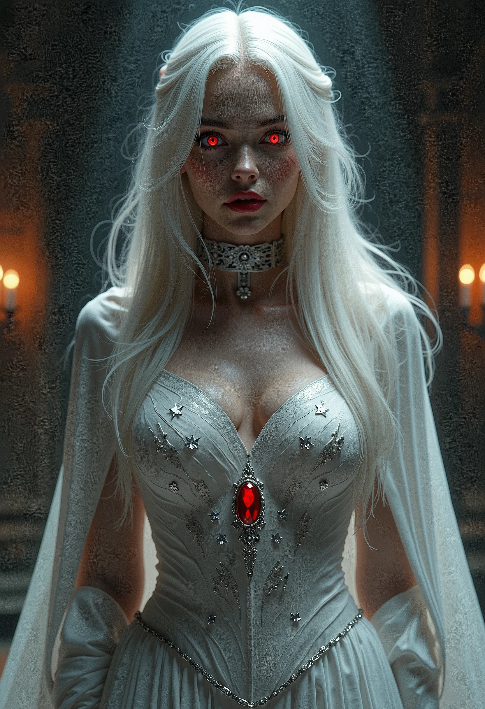 Anime woman, fancy white dress, white hair, red eyes, ominous smile, devious expression, proportions of a mature woman, big chest, wide hips, elegant look, ghastly and suprenatural, night forest, mist