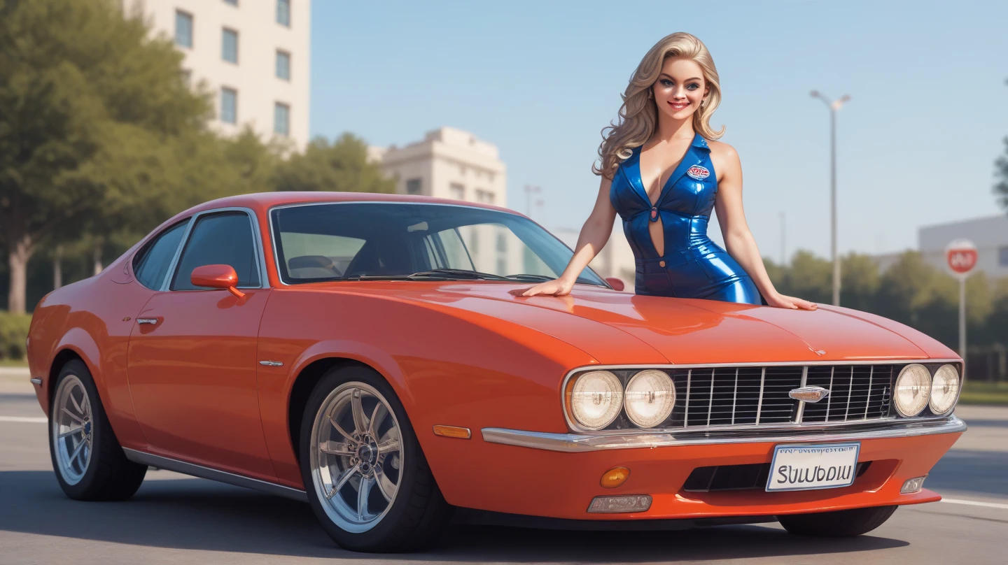 Sofia Vergara (age 25, American flag bikini), looking under the hood of a sleek sports car, glamour shot, low angle