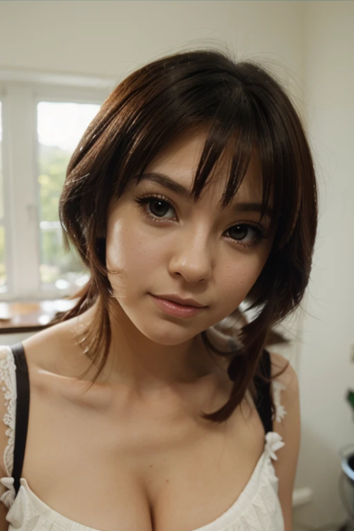 Skinny Japanese 40s woman in a costume of 1960s, cute face, detailed face, detailed eyes, a sepia-toned photo