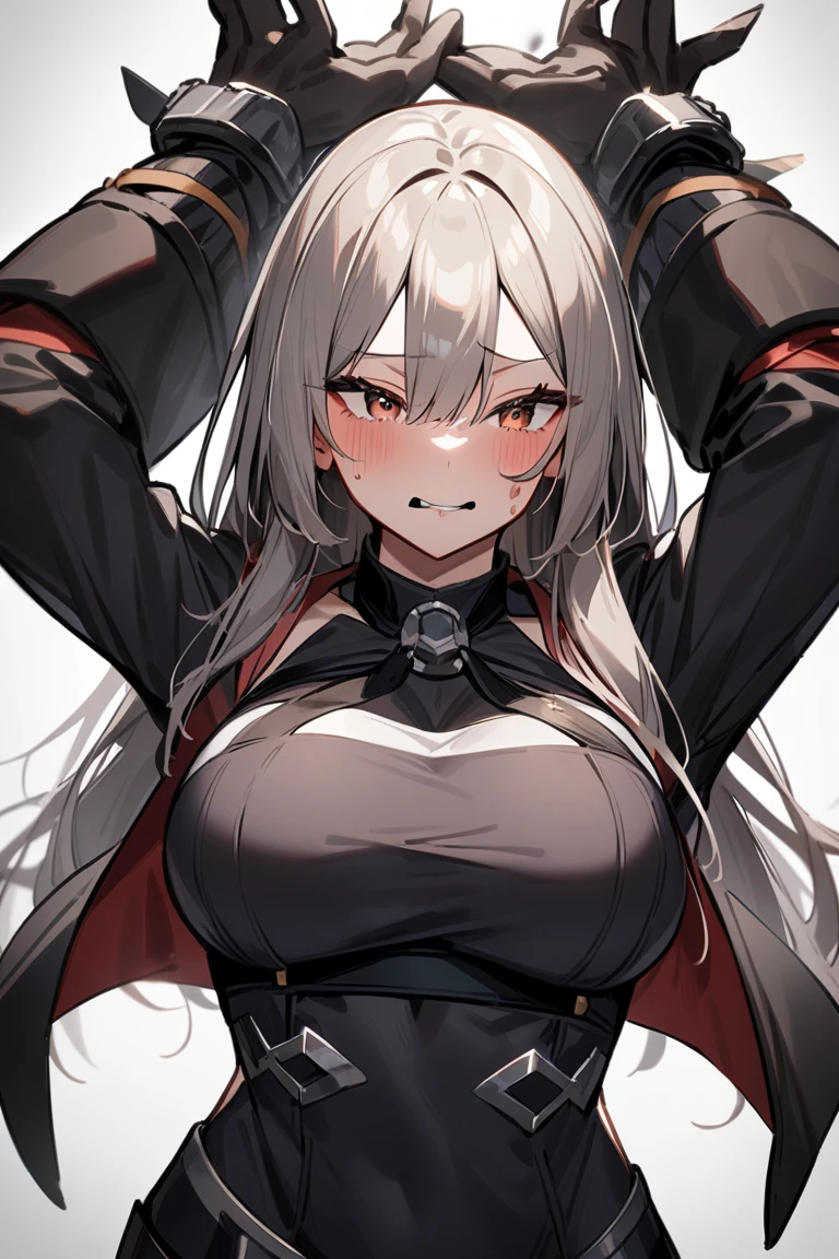 The alone young long waist silver hair woman as the lone character, yellow eye, golde eyes, stand alone , high resolution, sci-fi battlefield , Hyper detail mature face, wear only White shirt, black glove, black jacket, high res, ultra sharp, red necktie, black V-cut panty , black string full leg stocking, black string high thigh kneesock, Black undergarment, exposed leg , exposed panty, She stands confidently in the center of the poster, detail finger, 5 finger, Shooting pose,explosion effect, a determined expression on her face。The background is dark and gritty,There is a sense of danger and a strong feeling。The text is bold and eye-catching,With catchy slogans,Adds to the overall drama and excitement。The color palette is dominated by dark colors,Dotted with bright colorake the poster dynamic and visually striking,(Magazines:1.3), (Cover-style:1.3), Fashion, vibrant, Outfit, posing on a, Front, rich colorful,Background with,element in,self-assured,Expressing the,halter,statement,Attachment,A majestic,coil,Runt,Touching pubic area,Scenes,text,Cover of a,boldness,attention-grabbing,titles,Fashion,typeface,,Best quality at best,Hyper-detailing,8K ,hyper HD
