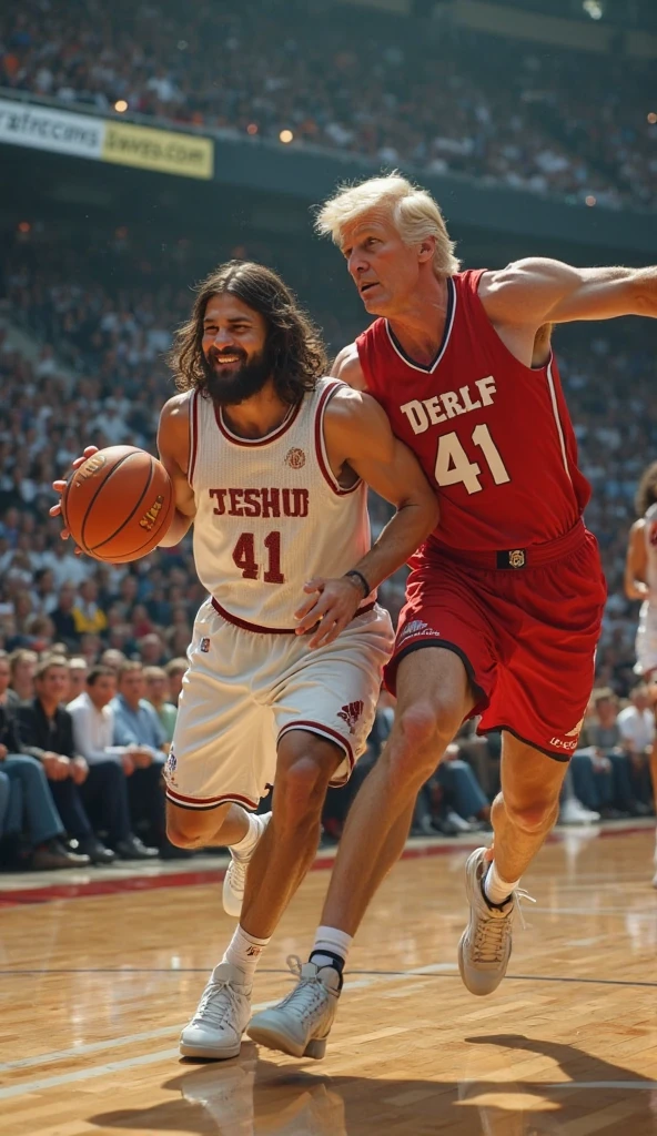 Jesus chasing Donald Trump with a whip during a rally