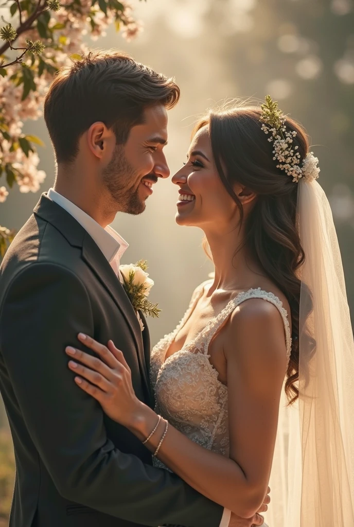 a captivating and enchanting, photorealistic, hyper ultra-realistic wedding scene, in a picturesque setting, the bridal coupe should be close and looking at each other their expressions reflecting deep love and joy, the groom's charcoal grey suit is well fitted with crisp white shirt and bowtie . The bride's lace wedding dress features intricate detailing, flowing elegantly. The bride's hair in an elegant updo, adorned with delicate floral elements. The groom has a simple yet sophisticated boutonnière that complements the bride’s bouquet. Lighting is warm sunkissed lighting to highlight the couple’s features, creating a soft and ethereal atmosphere. The sun should be low in the sky, giving a romantic glow. a slightly blurred backdrop to keep the focus on the couple. In the style of Josephine Wal 8K resolution 3D