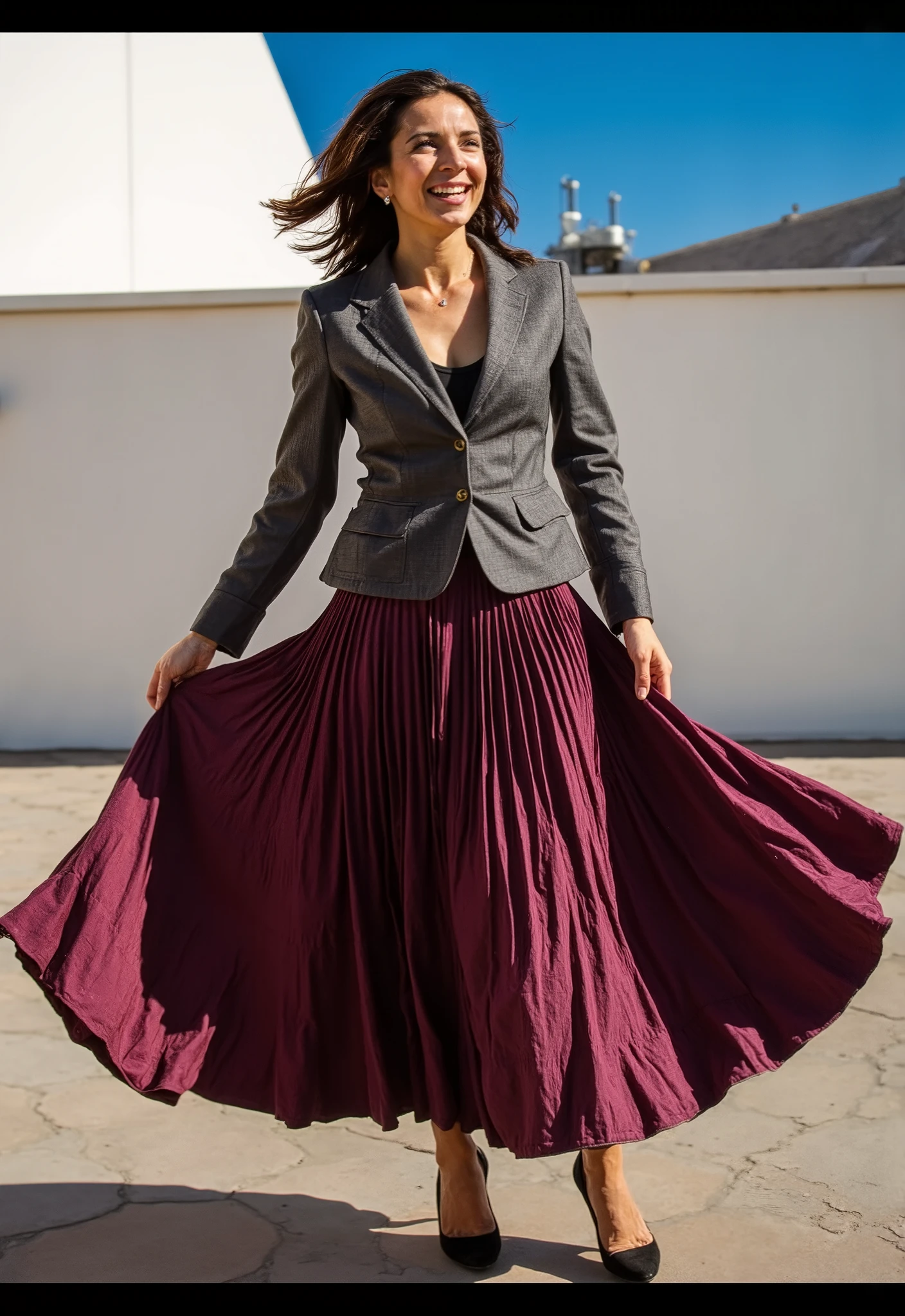 (sad eyed:1:1) (flirty smiling:1.4) (shy:1.5) woman wearing (long pleated:1.6) skirt standing outside and playing with her skirt, dressed in blazer a long fluent windy pleated skirt and simple low heeled office shoes, long pleated skirt, wearing blazer and skirt and shoes, pleated skirt, wearing pleated skirt, wearing long skirt, pleated skirt, blazer, low heels, (large breasts, big boobs:1,9), (shirtless, topless, bare chest:1,9), (flirting:1,5), ((lots of wind, wind blowing, windy conditions:1.3)), epic composition, highly detailed attributes, highly detailed atmosphere, (35mm f1.4 Kodak portra 400 photograph), extremely high quality RAW photograph, detailed background, intricate, Exquisite details and textures, highly detailed