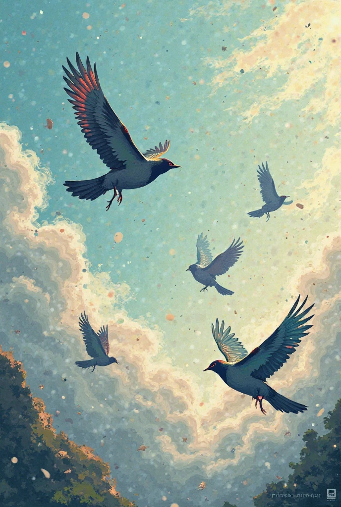 (made out of Ch4lk4rt chalk:1.3), A flock of colorful birds flying over a city skyline. The birds are drawn in a whimsical way using chalk and bright colors.