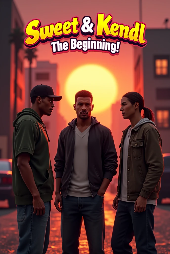 Grabd theft Auto Trever Michael and Lamar holding signs that read Kamala Really Sucks
