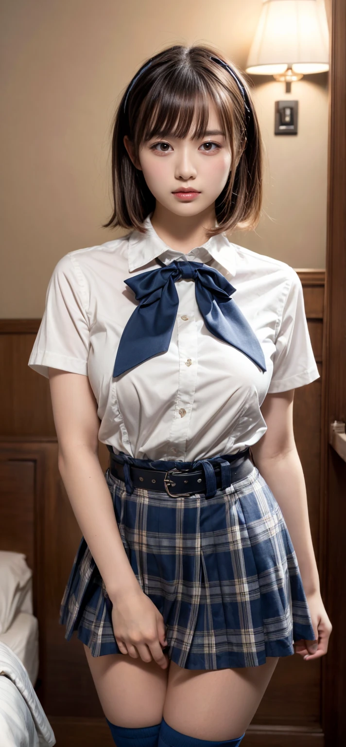 (masterpiece:1.2, Highest quality), (Realistic, photoRealistic:1.4), Beautiful illustrations, (Natural Side Lighting, Cinema Lighting), Written boundary depth, Beautiful thighs staring at the viewer, 1 female，20-year-old，alone，（With background：Hotel Rooms） , Curly Hair, Long Hair, amount, amount, amount, Brown knitted vest, Short sleeve white collar shirt, Navy Pleated Skirt, Navy bow tie, Earrings, Are standing, Bare thighs, Bare knees