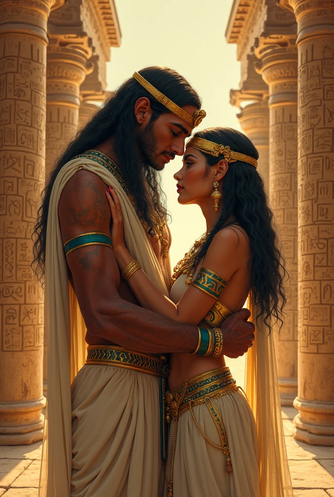 Design an image of Shu and Tefnut together in Egyptian mythology, with Shu as a male figure with dark brown skin, green eyes, and a feathered headdress, and Tefnut as a female figure with light brown skin, blue eyes, and long black hair. They should be depicted in a scene symbolizing the creation of order, with traditional Egyptian aesthetics and elements. Use masterpiece, best quality, CG, wallpaper, HDR, high quality, ultra detailed face, cinematic, high detail, 8k, raw, high, artstation HQ, unreal engine, octane renderer, 4k resolution, hyperrealistic, highly detailed, and absurdres settings