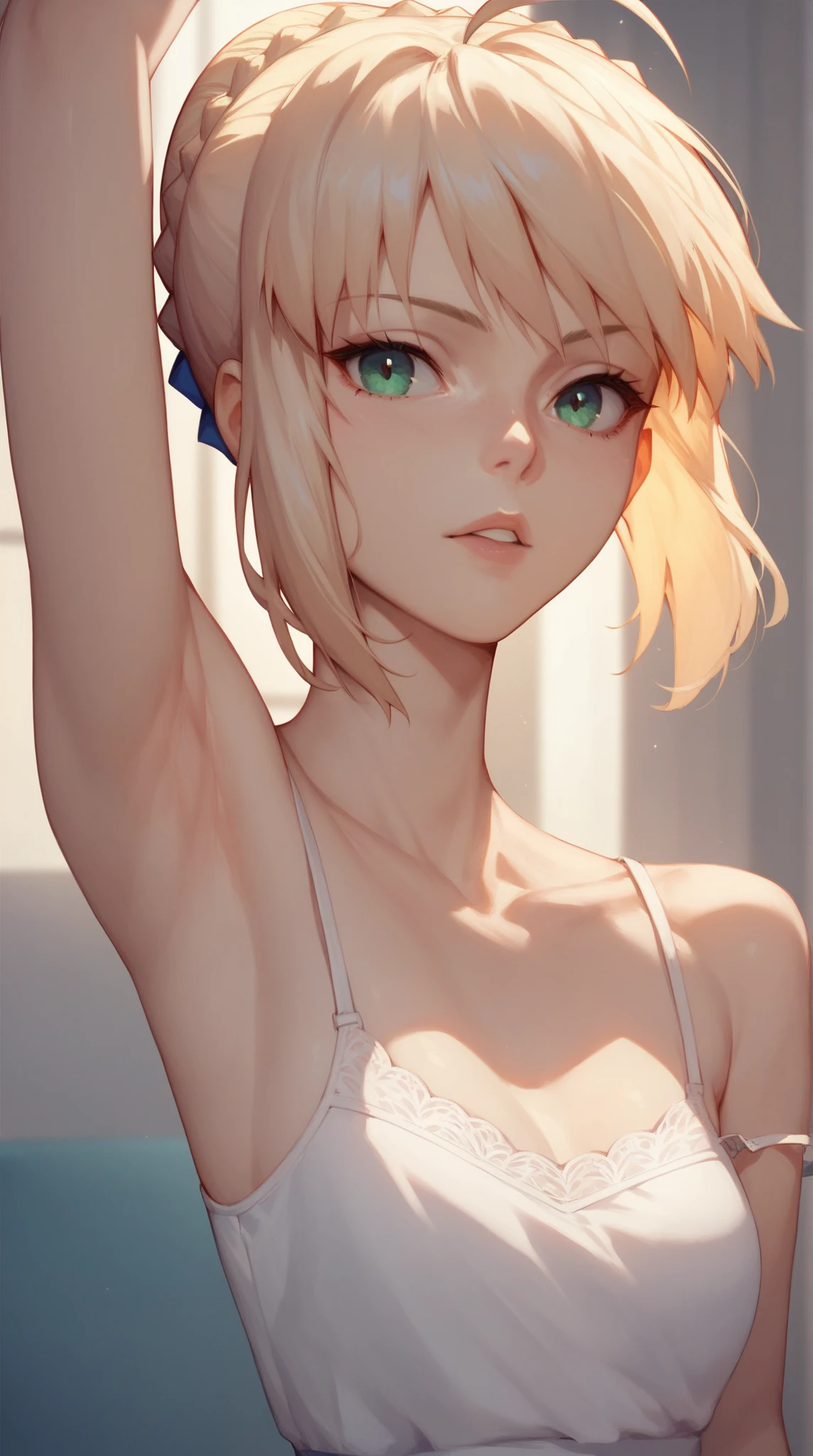 1 person, ((cover your chest with your hands:1.3))、((Small breasts:1.7))、((short blonde hair with a pink ribbon:1.7))、((Apply pink makeup:1.4))、(Cowboy Shot:1.8)、((from the front:1.3)),((Your face is in the center of the frame:1.7))、((Pink Eyeshadow:1.2))、Very beautiful Japanese idol portraits, (RAW Photos, Highest quality), (Realistic, Realistic:1.4), (masterpiece), Very delicate and beautiful, Very detailed, 2k wallpaper, wonderful, finely, Very detailed CG Unity 8K 壁紙, Very detailed, High resolution, Soft Light, Beautiful detailed, Very detailed目と顔, Beautiful and sophisticated nose, Big beautiful eyes, Cinema Lighting, (Simple light color background:1.3), (Blonde short bob cut hair), (Blonde parted bangs), Light Gray Background、 Complete Anatomy, Slender body,Very small breasts:1.7, Sensual look