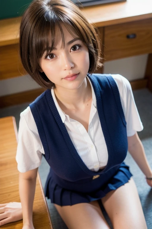 (masterpiece:1.2), super detailed, ultra high resolution, (realistic, photo realistic:1.37), High-definition RAW color photos, professional photos, dramatic lighting, sharp focus:1.2, (Highly detailed face and skin texture, very fine eyes, shiny skin, glowing skin, glowing skin, shining face, luster, oily skin, oily face, oily skin, oily face, Strong gloss), perfect anatomy, highly detailed background, 1 female, 30 year old woman, Japanese woman, (medium hair, straight hair, bangs:1.3, brown hair), (scrawny:weight1.0), (flat chest:1.3),, Wearing a tight navy blue uniform、I'm wearing a white shirt underneath, I can see a little bra, office lady, mini skirt, stockings, garter belt, Wearing black heels, full body shot, sitting on the desk ((office room)), (open legs:1.3, show panties:1.3), fascinating face, little smile, naïve eyes, narrow your eyes, reach the audience, offside looking up, look at the viewer, shoot from above、nsfw, nipple