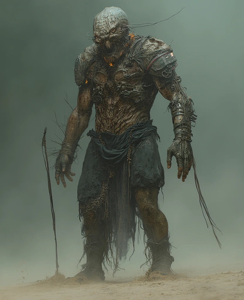 massive 8 feet tall muscled bald hairless mutated semi-orc-troglodyte like human with cracked desiccated skin he has a few large organic spike protrusions made of his desiccated skin on his arms and back, ready for battle to crush his prey, (masterpiece) ( 8K resolution) low light, monotone muted colors, wide angle lens perspective distortion shallow depth of focus ultra high quality photography best quality, ultra photo realistic, ((shallow depth of field focus)) ultra high quality photography best quality, scary
