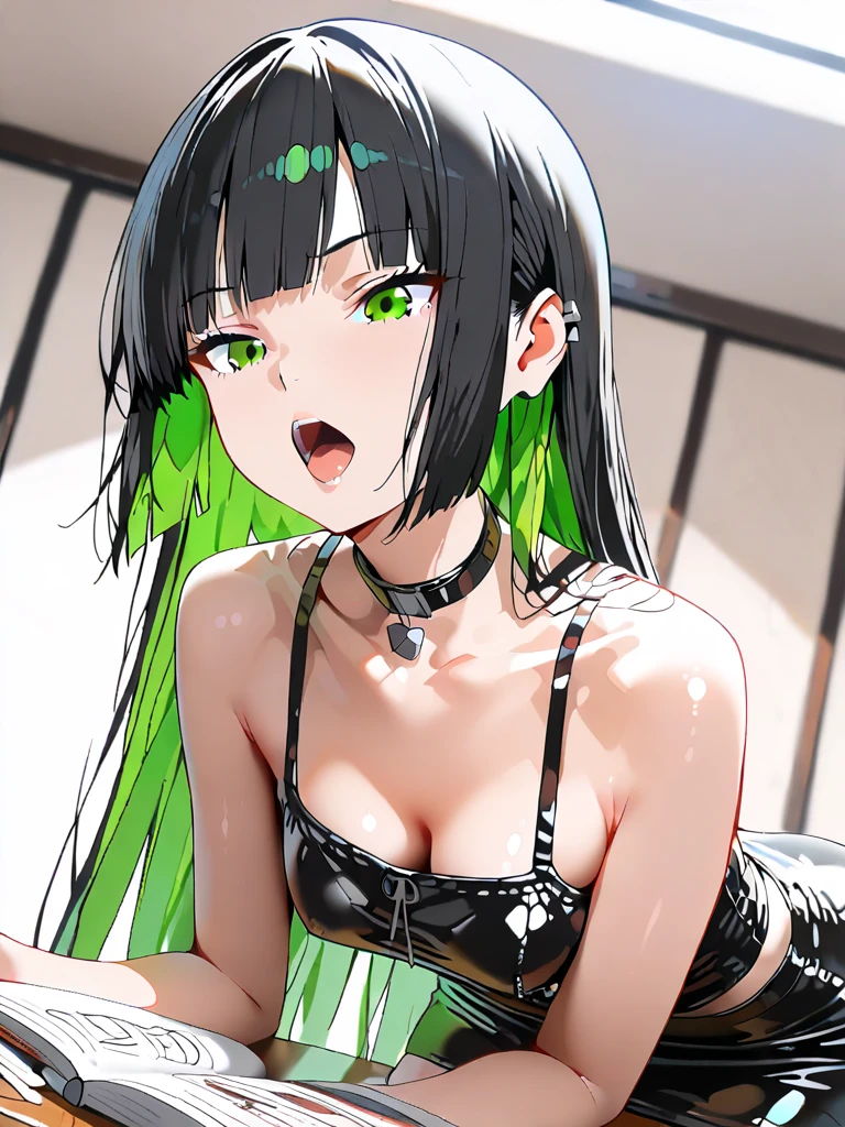 NSFW,One girl,Trick or Treat Cosplay、露出度の高いClothes、Shrug（Clothes）、Short sleeve、Layered Bikini、Purple Bikini、Green Bikini、belt、Nurse cap、mini skirt、Green gloves、Thigh-high socks、Garter Straps,Small breasts,(Perfect hands),(Perfect Anatomy),(masterpiece),(highest quality),(Absent-minded face:2.0),blush,night,hospital,Examination room,White Room,Lying down,Lying on your back,Leg spread,Roll your eyes,Open your mouth、Stick your tongue out,Ahegao
