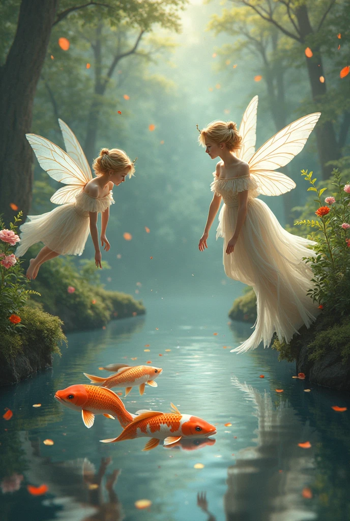 Enchanted garden with fairies and mermaids
