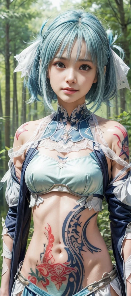 8k,A fifty-year-old woman with very large breasts and very large breasts, Very detailed, so beautiful(Like the real thing),Shining Eyes,Pale skin(Ultra-Realistic Skin),smile,Muscular and macho、And a slender devilish woman,Short blue mohawk(Blue Shorthair),Intense and strong abdominal muscles,Fan Art Best Art Station, うわー and Types of bacteria,  Types of bacteria, 2. 5d cgi anime Fantasy artwork, High quality and detailed art, Up to the model ,Photorealistic RAW photos of the highest quality。so beautiful(Like the real thing顔) Bright colors、Image of a perfect woman,Art Station Trends、masterpiece、Fantasy art、Ultra-high resolution,,Mr..々Pause,charm,sexy,Rich colors, Backlight, Cinema Lighting, Film Grain, to be born, 50mm lens, Nikon D850,compensate,Blue and white Arabian breastplate(Detailed Coat of Arms),In front of the ruins in the forest,View your viewers,Numerous tattoos all over the body(Accurate tattoo details),,Lean and muscular lower body,Blue and white sarouel pants,Big eyes,Muscular Beauty,Bodybuilding,Makeup,