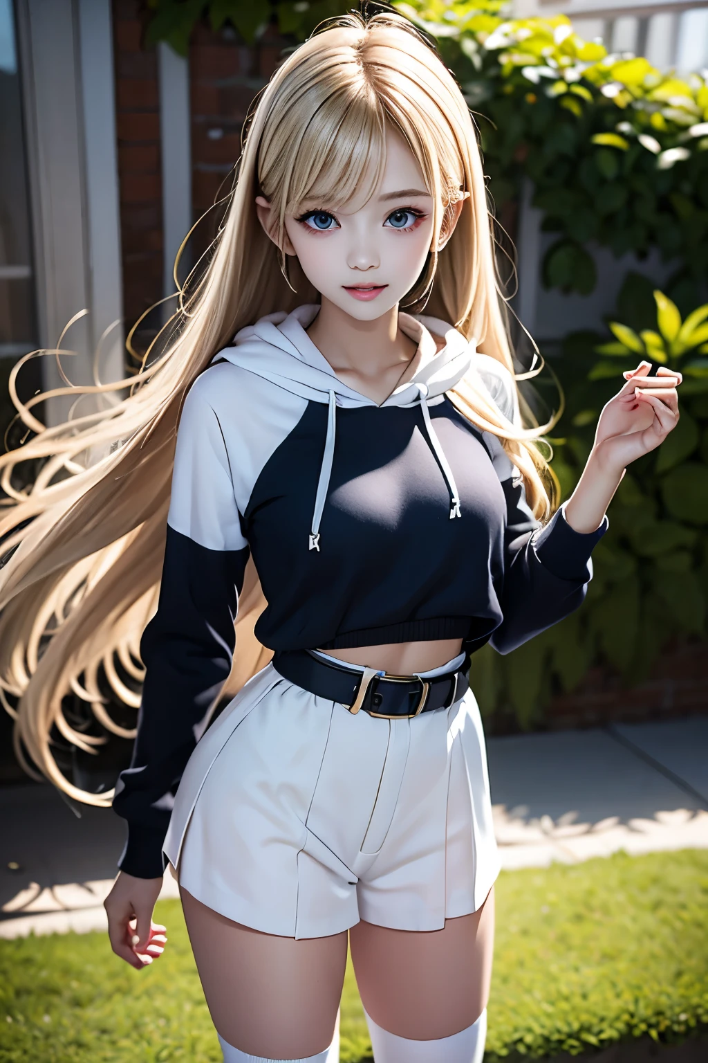 masterpiece,best quality,very detailed,photorealistic,realistic, Ultra High Resolution, Masterpiece,pretty girl,elegant,,very long blonde,skinny,Completely,slender,(smaller breasts),so cute,hoodie,hotpants,belt,over the knee socks,garden,squirt, correct handshake,Active Poses,Outdoors