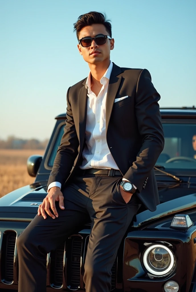 Handsome Man proudly leaning on fancy sports car
