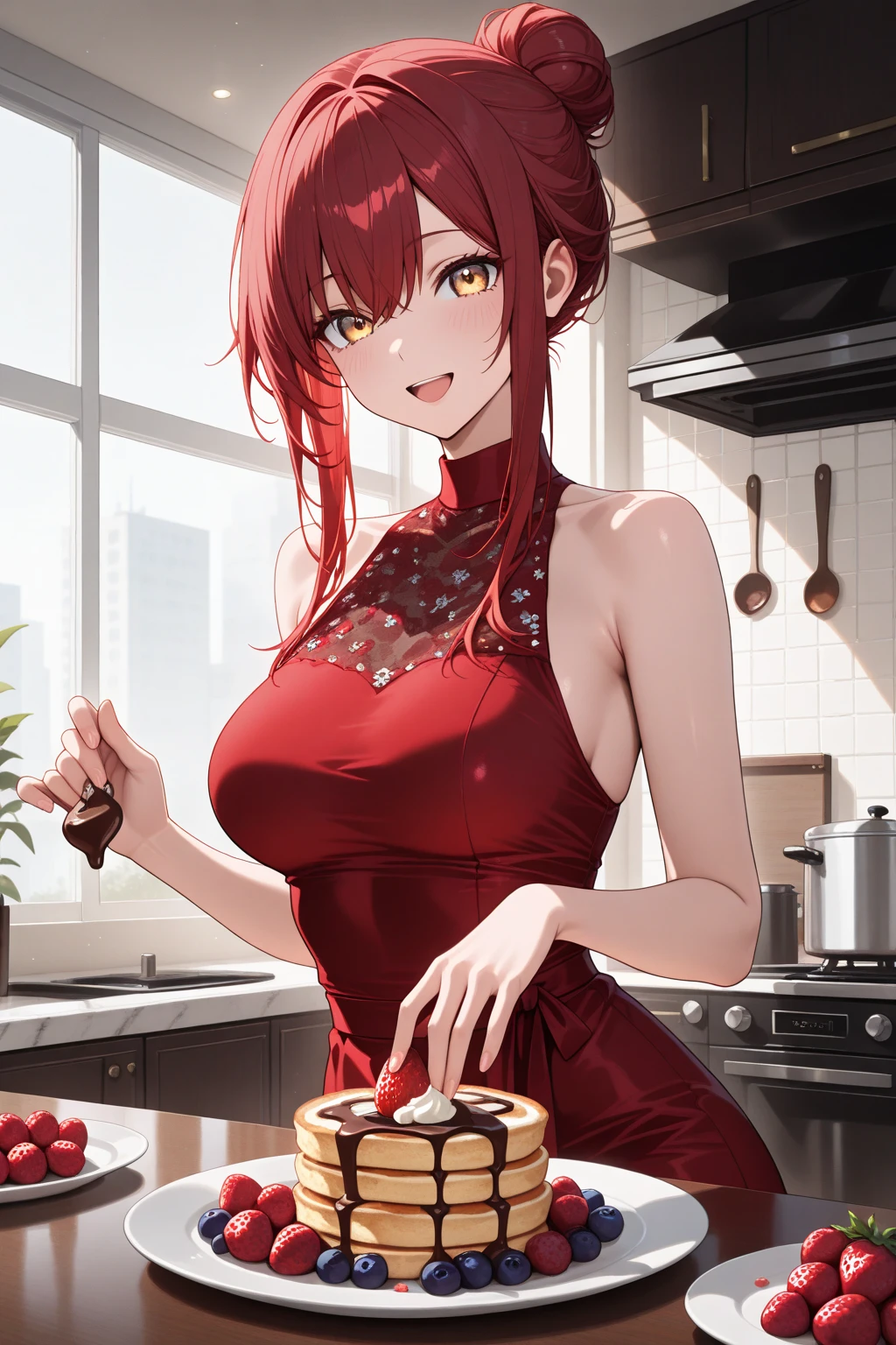 young girl, red hair in a bun, blue eyes, Chinese sleeveless dress, Shorts, A tray of food, Cheerful smile, open mouth, Masterpiece, high qulity