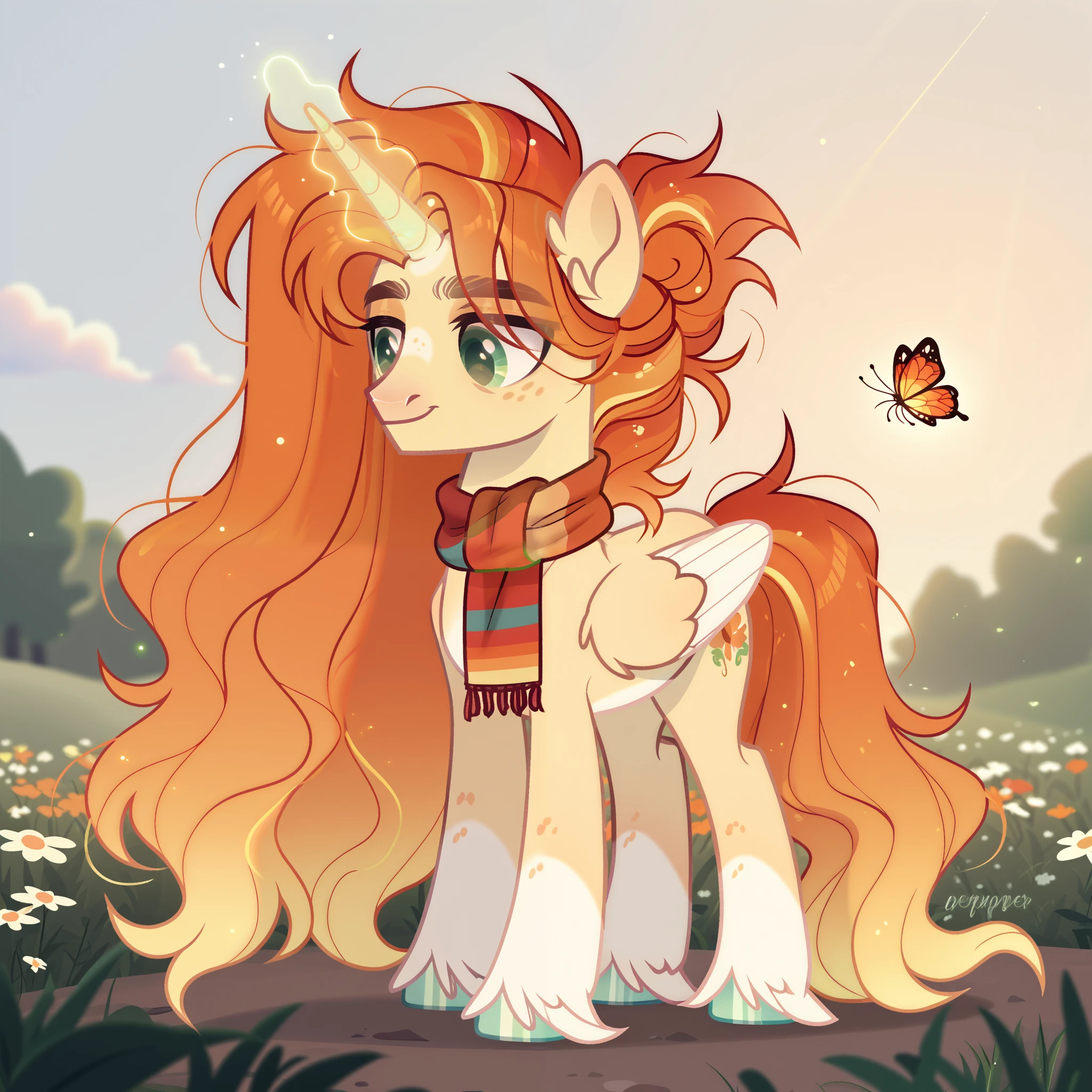 score_9, score_8_up, score_7_up, score_6_up, score_5_up, score_4_up, show accurate, full body, simple background, feral pony, male pony, bright and cheerful appearance, original character, unicorn with a smooth, glowing horn, light pastel yellow body, glowing teal freckles, white gradient mane, polished silver hooves, friendly and approachable, cheerful vibes around character, clean and clear shading, sunny and uplifting appearance, short, neatly combed orange mane, large bright green eyes, scarf accessory, High Resolution, bright environment, outdoors, male pony, colorful meadow, daytime sky, fluffy clouds, vibrant flowers, uplifting setting, no wings, lively and structured pose, sunlight beams, playful butterflies surrounding character, smooth plain background