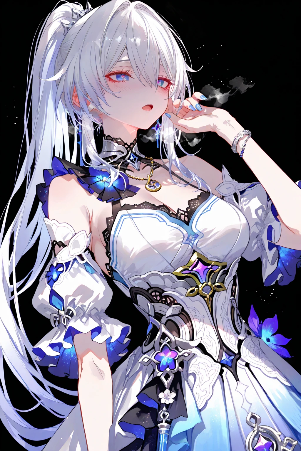 Genshin Impact original character (Fontaine). Adult woman, long silver hair, deep black eyes, black and blue suit, silver jewelry, hydro (water) Fontaine vision on her hip, serious and serene expression, crystal necklace
