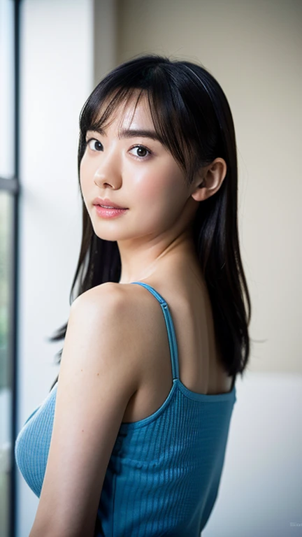 ((Highest quality、8K、masterpiece:1.3))、Realistic, Sharp focus, High resolution, High resolution, Portraiture, alone, Japanese women, Beautiful woman, 26 years old、Big Breasts、Marine blue seaweed pattern casual dress、Photograph the whole body、ancient ruins、smile