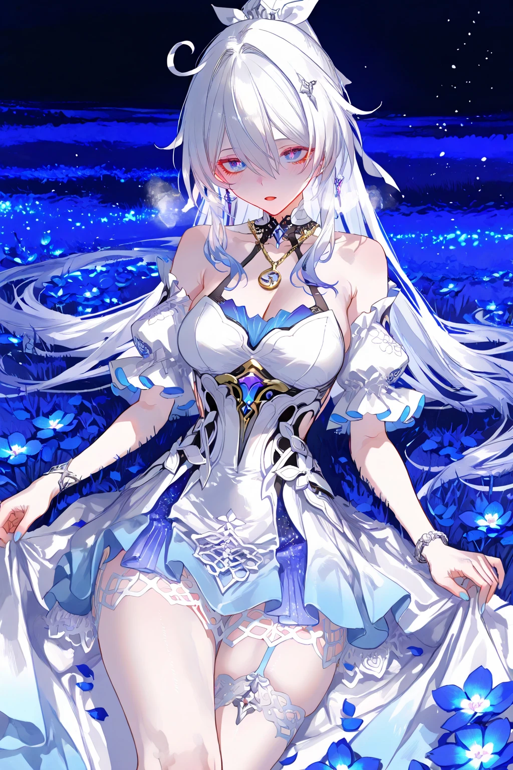 Pale skin, White hair, tails, , Solo,{{Best quality}}, {{Masterpiece}}, {{Ultra-detailed}}, {illustration}, {Detailed light}, Red eyes,Long hair，A revealing, thin dress blue color.