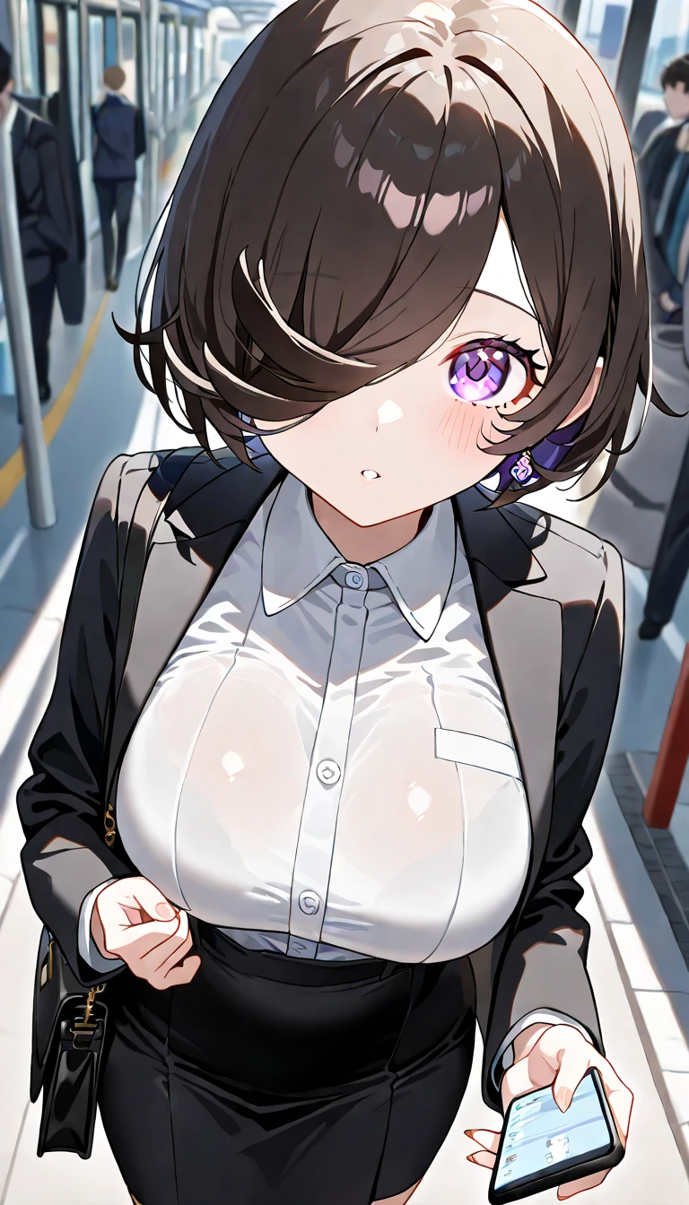 (1 person),(Best image quality, 8k, masterpiece:1.3),((Brown hair bob cut:1.1)),(Swept-apart bangs,Braiding), (Cute eyes, Dark Eyes), (Mole under right eye), (Standard weight), (Large Breasts),(Big Hips), (Glowing Skin:1.1),(Pale skin:1.2), (black lace bra, Black Thong,garter belt,Black knee-high socks),(Sweat),(Night City),(In town),(A fantastic atmosphere),(look up),Ultra-high resolution, Textured skin, Sparkle Effect, Gazing at the audience,Sweatだく,Wet body,Long coat,Passersby, Blushing, pedestrian,car,intersection