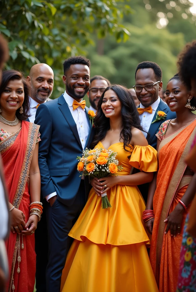 An african beautiful bride with her curly hair and handsome husband in their expensive wedding attire with friends and family celebrating with them
