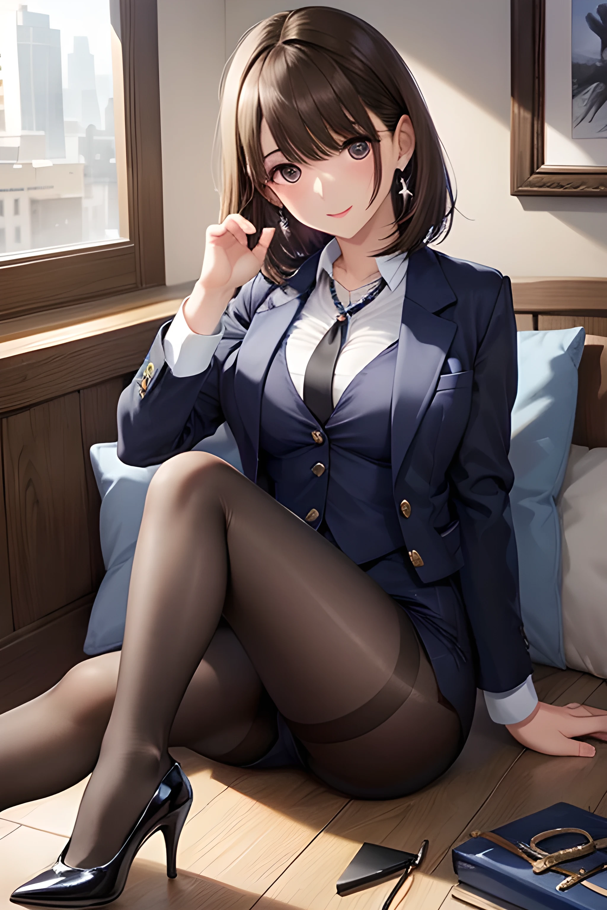 (masterpiece:1.2, top-quality), (realistic, photorealistic:1.4), beautiful illustration, (natural side lighting, movie lighting),
looking at viewer, 1 woman, japanese, 22 years old, high school teacher, perfect face, cute and symmetrical face, shiny skin, babyface,
(short hair, straight hair, dark brown hair), hair between eyes, dark purple eyes, (middle breasts, seductive thighs, big ass), piercings,
beautiful hair, beautiful face, beautiful detailed eyes, beautiful clavicle, beautiful body, beautiful chest, beautiful thigh, beautiful legs, beautiful fingers,
((navy jacket, close jacket, navy tight skirt, white collared shirt), black pantyhose), purple neck ribbon, high heels,
(beautiful scenery), evening, class room, blackboard, squatting, (lovely smile, upper eyes),