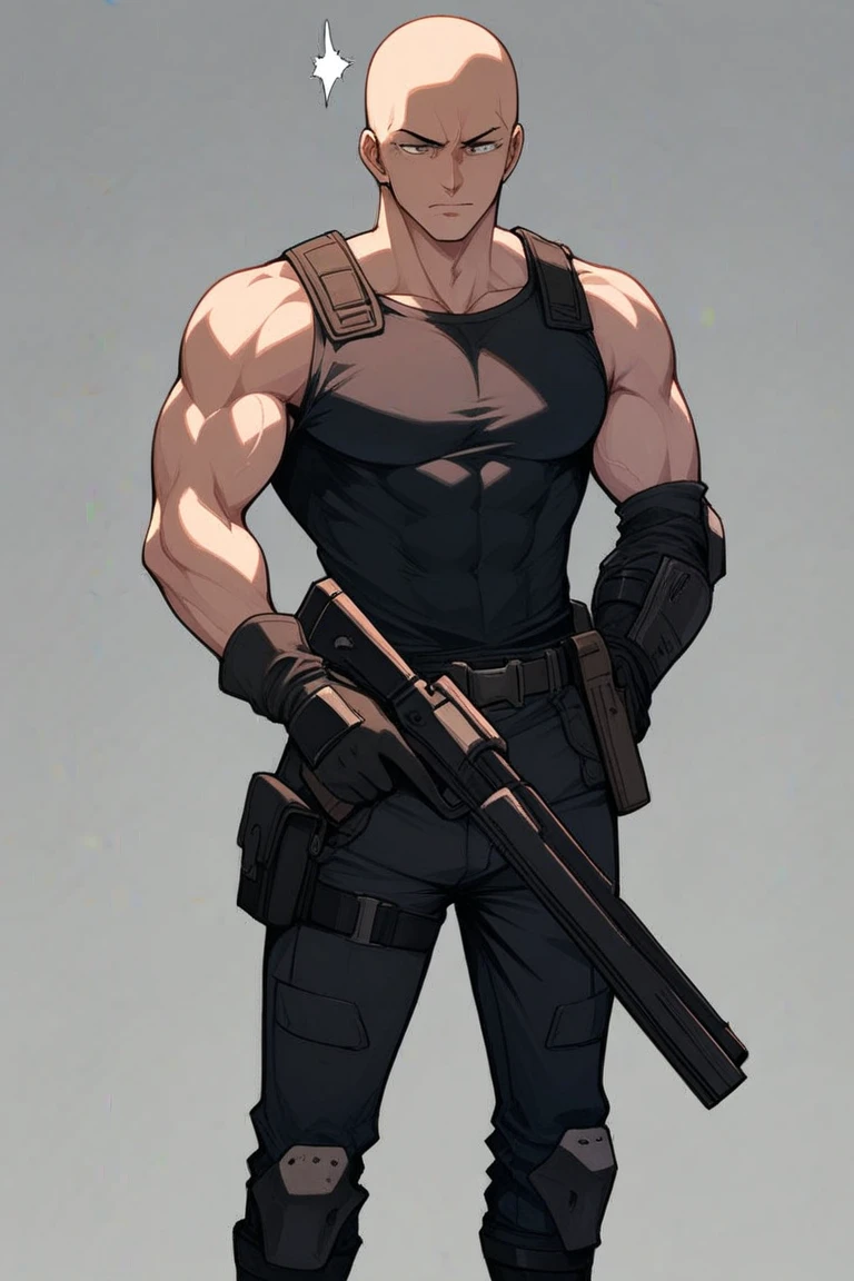 (high detail, 8K, full detail, perfect picture) male, muscular male, big muscular male, yellow skin, biceps, muscule detail, masked, faceless, helmet covering all of face, futuristic mask, futuristic helmet, cyberpunk style helmet, security suit, black longpants, pantofel shoes, black gloves, crossing arms, bulging biceps