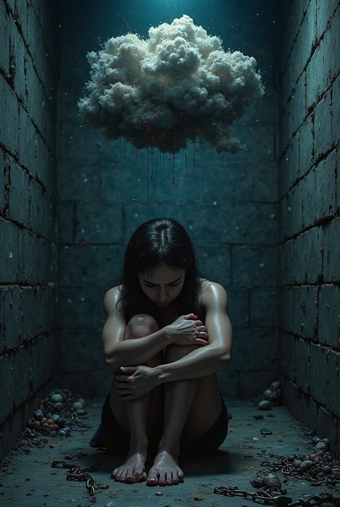 A person chained to the whole body, whose chains have the word depression written on them , She is sitting and holding her head, with a cloud of negativity above
