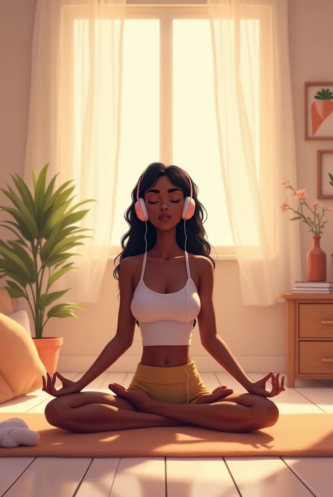 "(Best quality, masterpiece) 1girl, meditating, yoga pants, crop top, minimalistic apartment, contemplative pose."