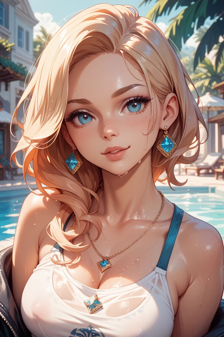 melancholy lighting, quiet, calm, brightness, masterpiece, best quality, 1girl, (JinxLol:1.2), (ultra photorealistic:1.3), (masterpiece:1.4), best quality, ((realistic)), high quality, ultra detailed, ((real image)), ((realistic skin)), ((realistic face)),(illustration:1.05), (beautiful:1.05), (beautiful detailed eyes:1.05), (cinematic light:1.1), full body, precise proportions, 18 year old girl, slim model BATHING in the sea, waves, hair RED fluttering in the wind,  detailed bikini, long legs, slightly open feet, buttocks, blush, shyness, collarbone, abdominals, double weave, beautiful and delicate face, fair skin, real skin, (detail face), pores, super high resolution, 8k, parameters Best quality, masterpiece, super high resolution, (Realistic 2.0), More details, detailed skin, wide smile, white teeth, GINGER BLONDIE hair voluminous, perfect and well-designed eyes, girlfriend,  beautiful, beautiful, flowers, studio lighting, BLUE SKY BACKGROUND