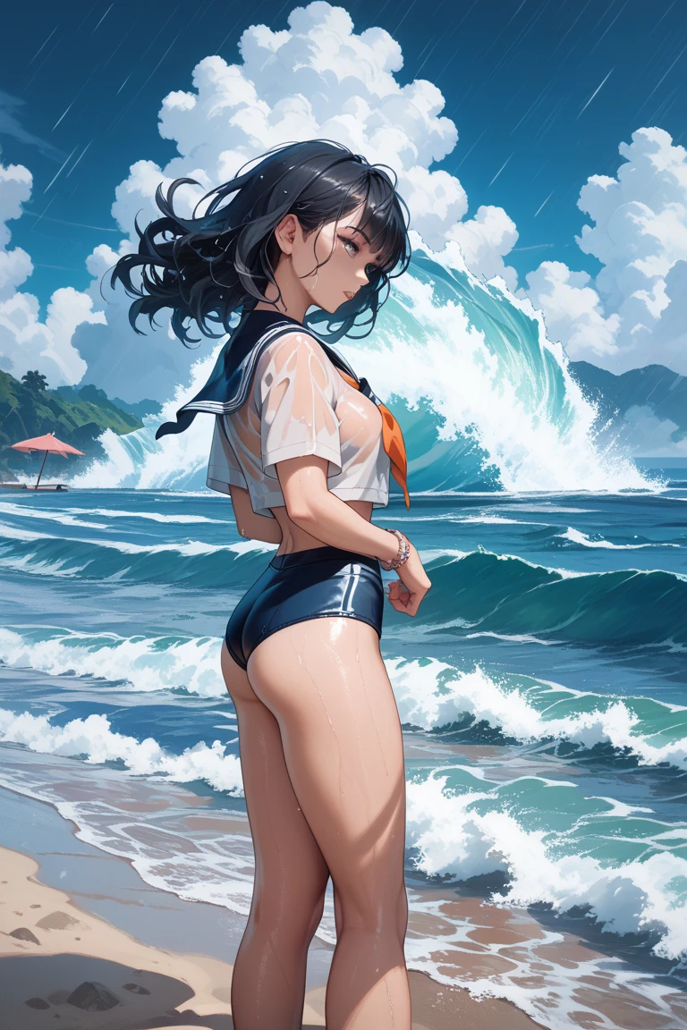 
 (looking back at the viewer),((panty shot)),((lifting skirt)),((white panties focus)),Looking back,(low angle,from below),((masterpiece, highest resolution,best quality)),  (beautiful illustration), ((semi long beautiful black hair,blunt bangs,pony tail,beautiful green eyes)),(solo),(Japanese high ,sailor,mini skirt,elegant swimsuit, bikini,mini skirt),(looking back at the viewer), (bathing in the sea),(innocent cute laugh,teeth), (cinematic lighting),beach, sand, blue sky,waves, coconut tree,fish,boat,sea gull,
