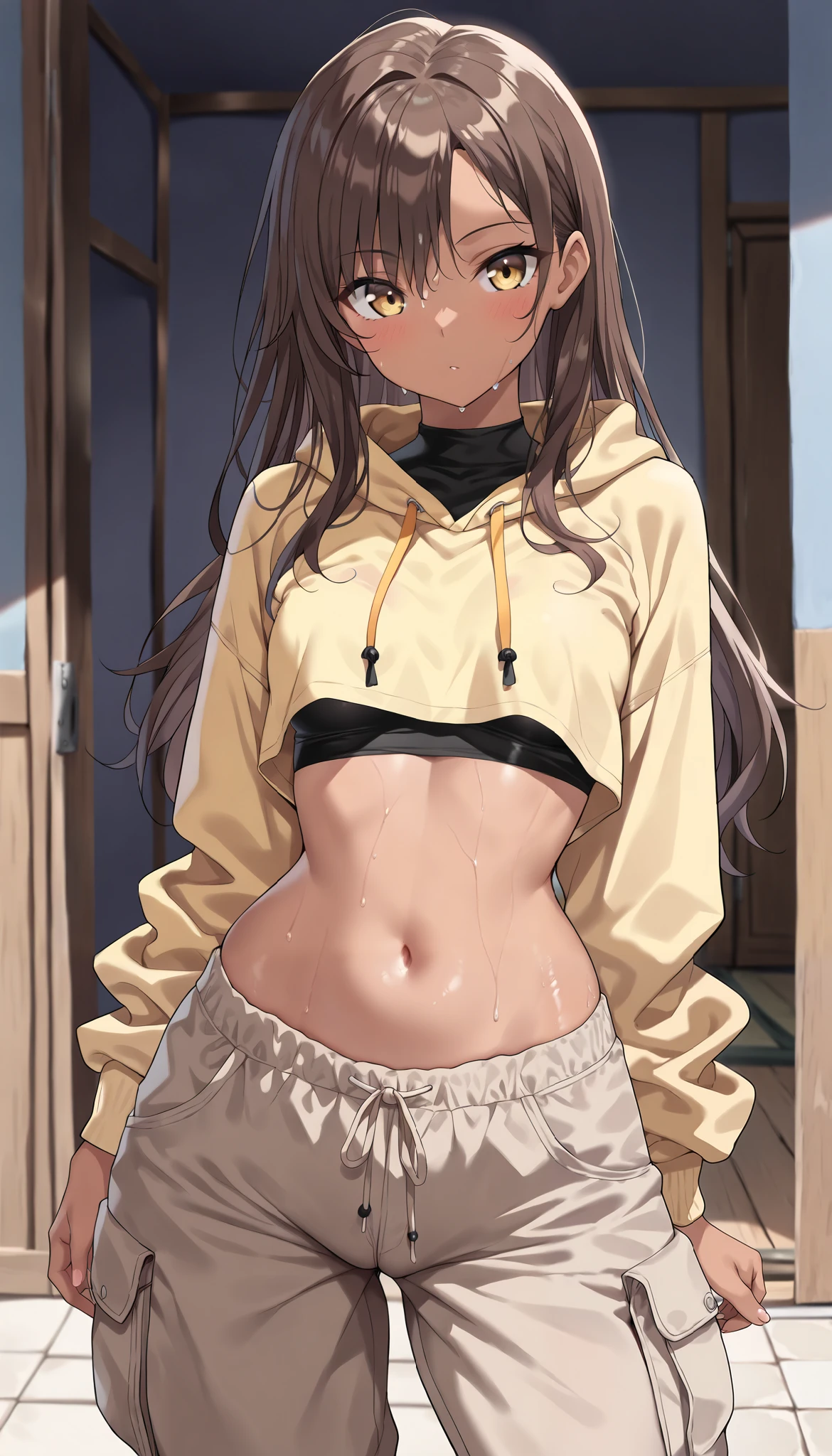 (((( masterpiece)))), (((( best quality)))), high resolution,fine grain, detailed face, Facial depiction of, detail eyes 、detailed face、The hair is drawn in detail 、,Short brown hair to the shoulders, lightly tanned skin , brown long cargo pants with loose waist, Fitted Black Undershirt, Yellow Crop Top Hoodie, Standing, very small breasts , thighs are thick, curvy body from wet pussy, yellow eyes, upper body shot ,