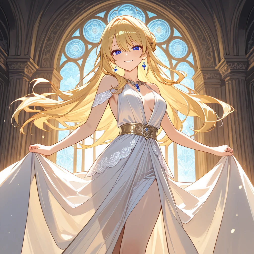 Best image quality, Excellent details, Ultra-high resolution, Best illustrations, Favorite Details, Very condensed one girl, Delicate and beautiful features, Woman with long blonde hair and large breasts in a dress, Trampling on people, from below,from behind, back of head,full body,from below