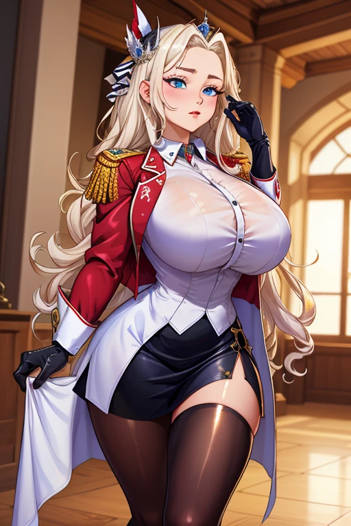Woman saluting,Blonde,Long Hair,very red lips,Big Ass,Narrow waist,Long legs,Green Eyes Standing 8k(( A sloppy smile,The face we're looking for, Winking)), ,8k(( Anime Style, The facial expression is good, Anime Style緑色の眼, The facial expression is good:1.5)), Standing at the station, Morning, Beauty, soldier, uniform,spring,cherry blossoms,Looking at the camera, clear hand position, clear depiction of eyes