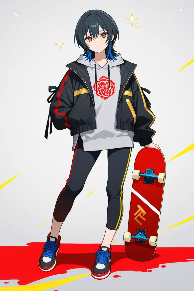   Gray wolf cut (blue mesh + bright gold tips + black ribbon), gray kimono top (red higanbana embroidery) + white short hoodie, black jacket (blue lining + yellow lines), black pants (red stripes + blue laces), black sneakers (blue laces + red sole, bare feet). Fan (gray + blue + red pattern), skateboard (black + blue, red and yellow paint), mini gun on waist (gray + red). Eyes are gray with bright blue highlights + gold sparkle + red eye lids. 