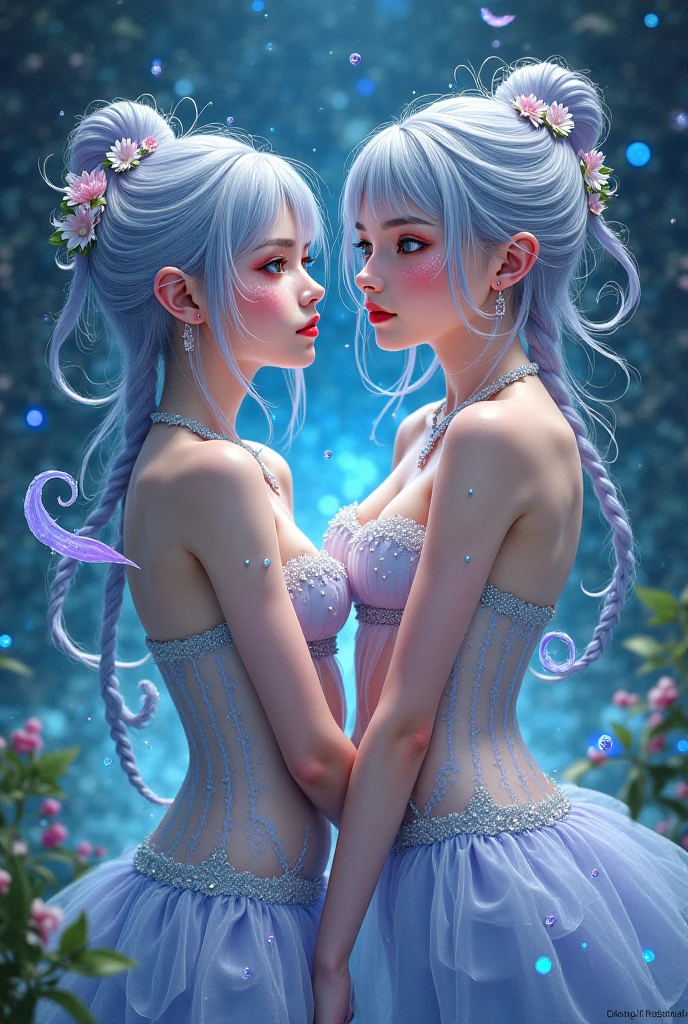 Cute Dragon girl, battle scene, pretty eyes, cool expression, long blue white hair, full body shot, seductive, portrait quality, 8K resolution, rich details, small round face, maid, hand cupped face, rose hair accessory ,showin , fair skin, mood lighting, aperture f/1.2, beautiful background, nude, naked, seductive