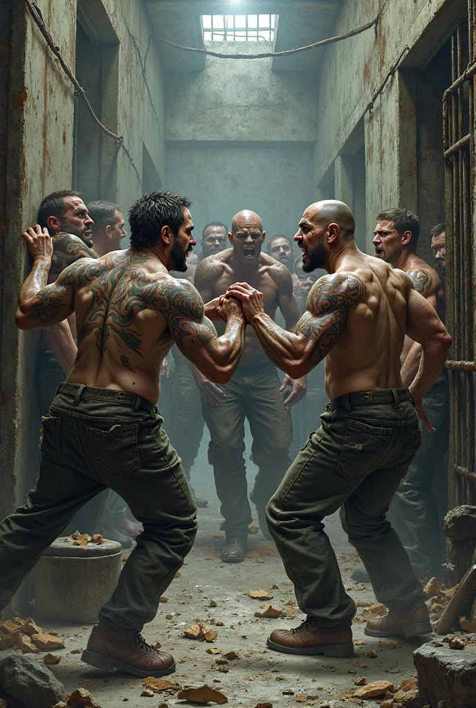 Three dirty beggars, perverted expressions, muscular, protruding veins, bare back, covered in mud, nicebulge, torn pants (dirty), sweaty, oily skin. The three beggars are in a dirty room (bottles on the floor, trash), poorly lit.