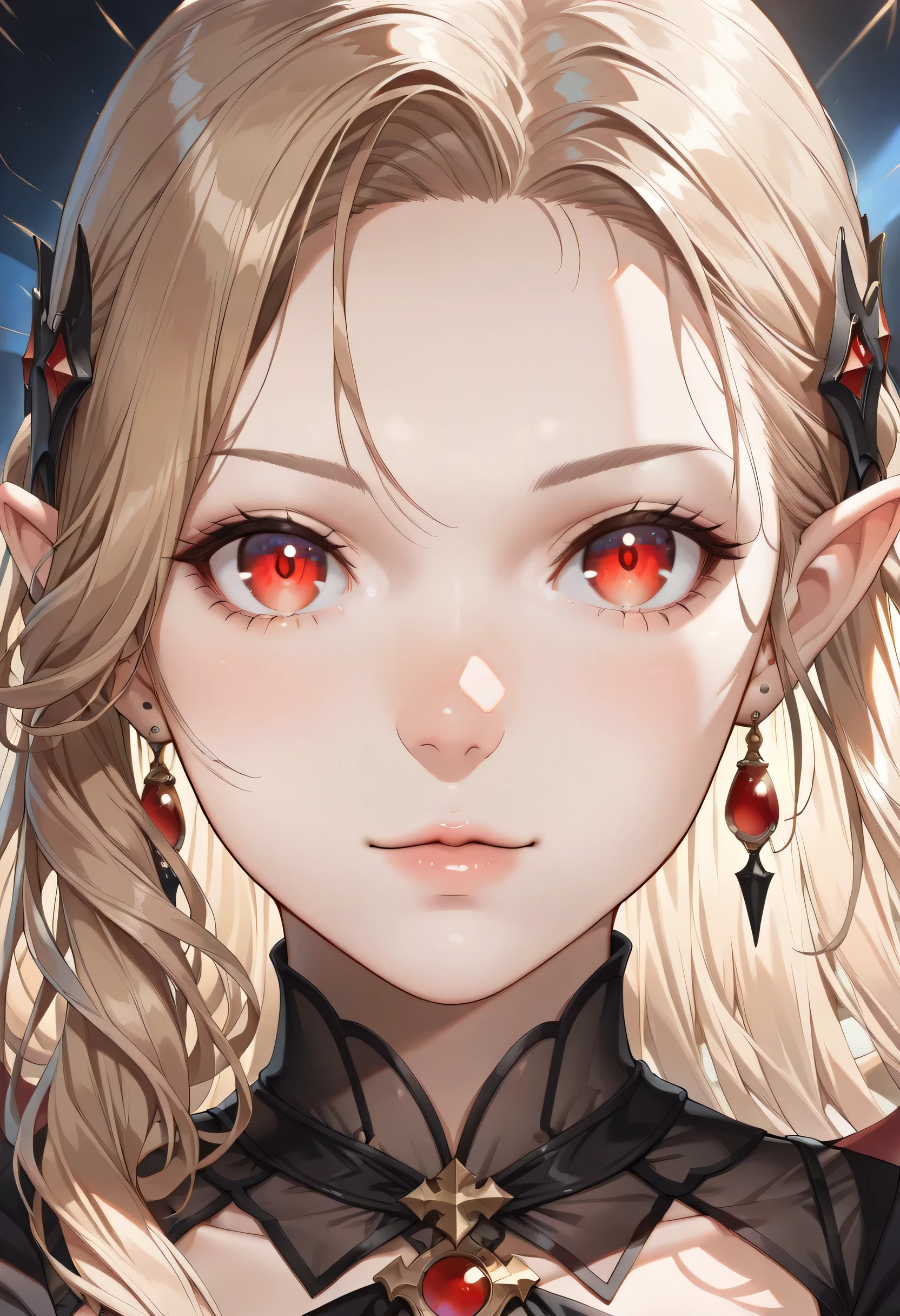 dark fantasy art, a picture of a fantasy, a beautiful female vampire, best detailed face,  pale skin, blond hair, glowing eyes, red eyes, wearing black dress, transparent voile fabric dress, intricate dress, it is night time, the moon is in the sky, a sense of eternal love, soft light. moon rays. high details, best quality, 16k, [ultra detailed], masterpiece, best quality, (extremely detailed), close up, ultra wide shot, photorealistic, RAW, fantasy art, dnd art, fantasy art, realistic art,((best quality)), ((masterpiece)), (detailed), perfect face, fantasy